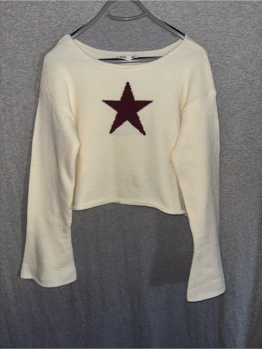 Pretty Garbage Cream Star-Front Cropped Sweater Top